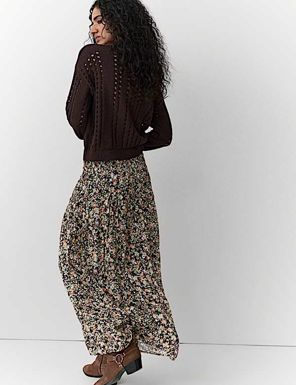 Falda maxi floral en capas con cintura fruncida - US