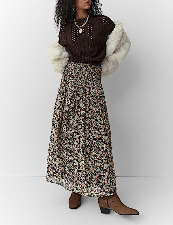 Falda maxi floral en capas con cintura fruncida - US