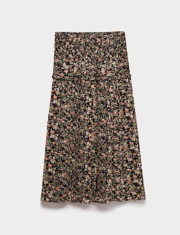 Falda maxi floral en capas con cintura fruncida - US