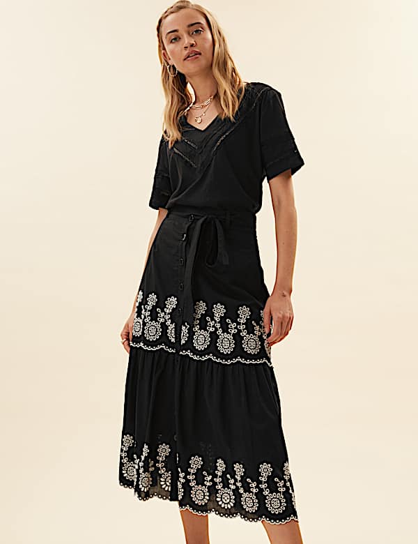 Pure Cotton Embroidered Midi A-Line Skirt