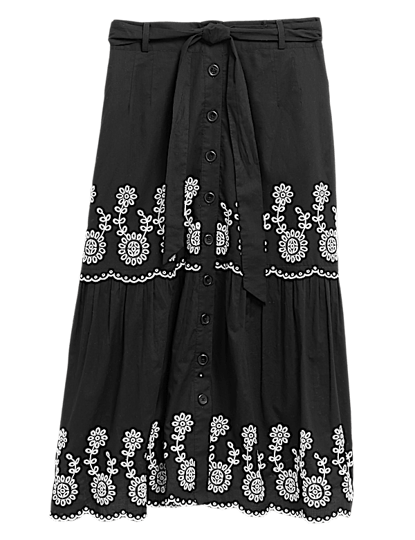 Pure Cotton Embroidered Midi A-Line Skirt