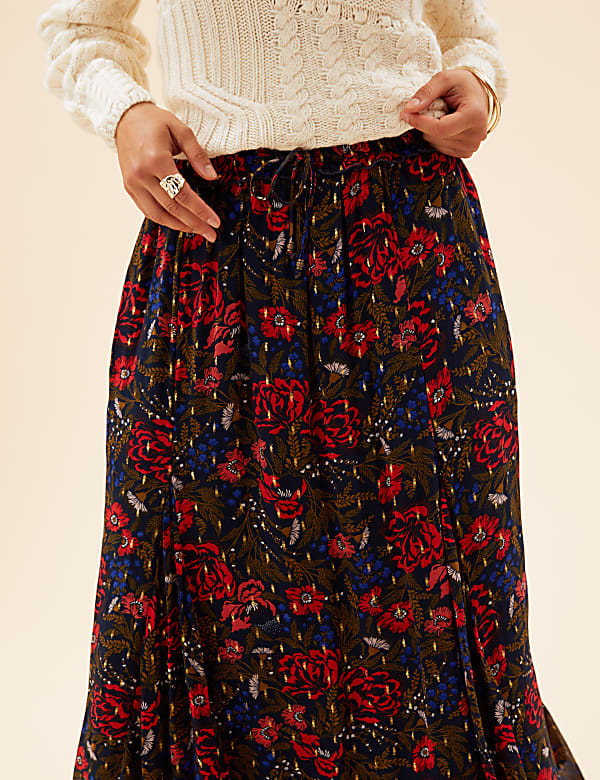 Floral Metallic Maxi A-Line Skirt