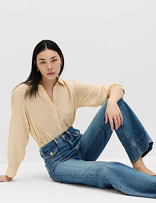 Jean taille haute coupe &eacute;vas&eacute;e &agrave; poches plaqu&eacute;es - CA