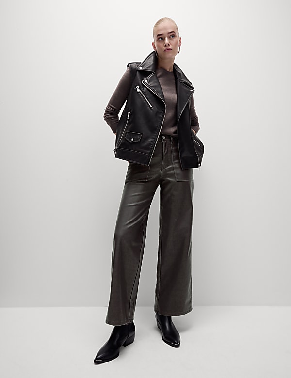 Marks Spencer Leather Look Patch Pocket Wide Leg Trousers Black Mix 18 LNG