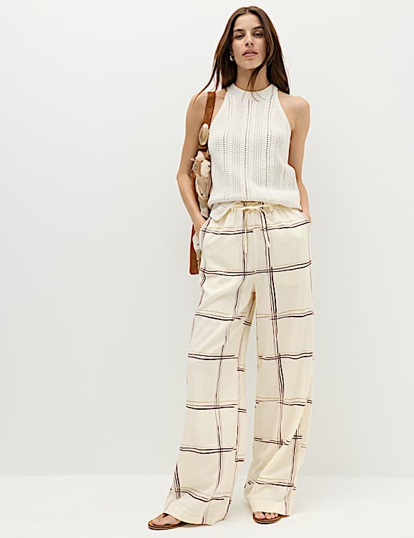 Linen Rich Checked Wide Leg Trousers