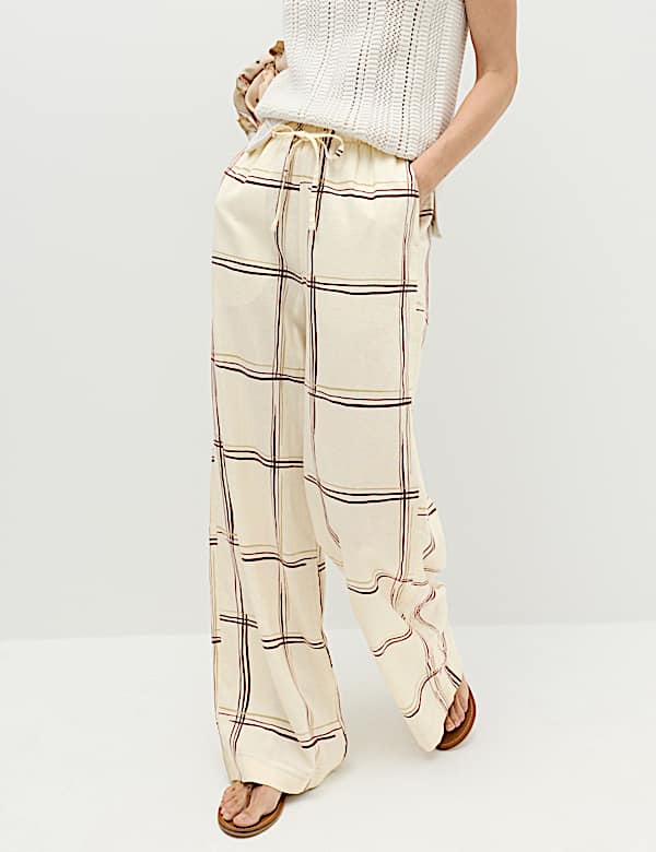 Linen Rich Checked Wide Leg Trousers - US