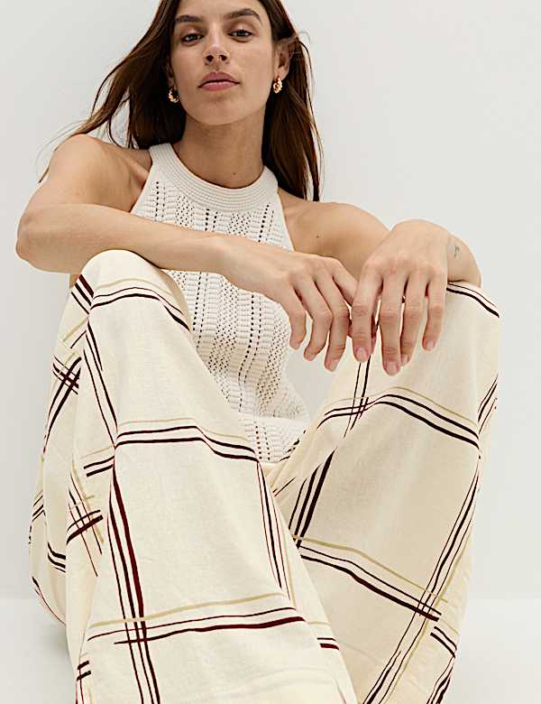 Linen Rich Checked Wide Leg Trousers - US