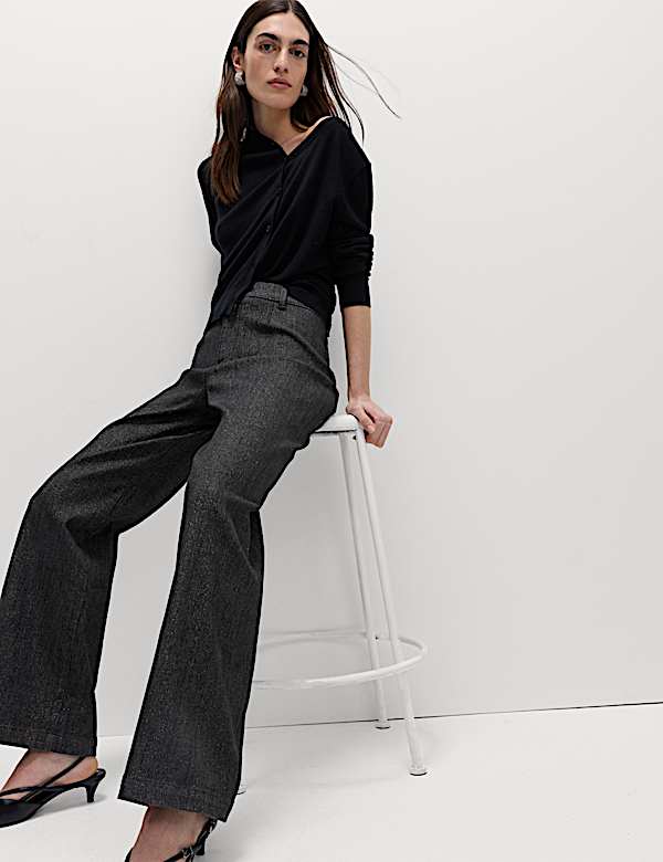 High Waisted Shimmer Wide Leg Ankle Grazer Jeans - US