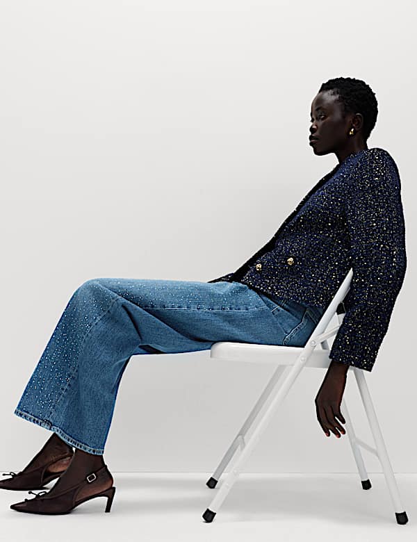 Versierde jeans met hoge taille en wijde pijpen - NL