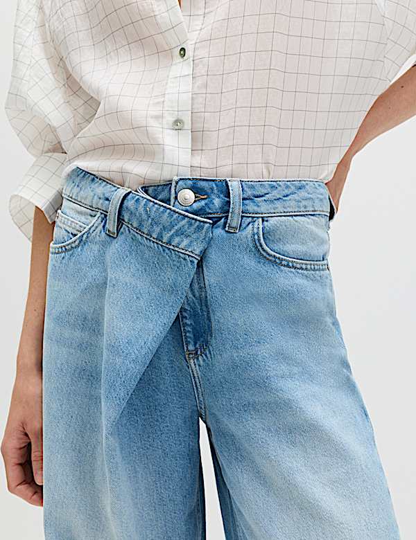 Cotton Rich Mid Rise Wrap Front Wide Leg Jeans - BE
