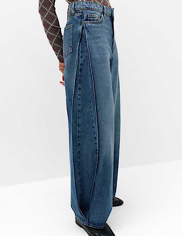 Mid Rise Side Pleat Wide Leg Jeans - CA