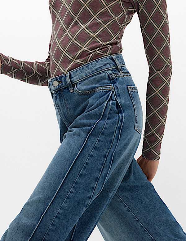 Mid Rise Side Pleat Wide Leg Jeans - CA