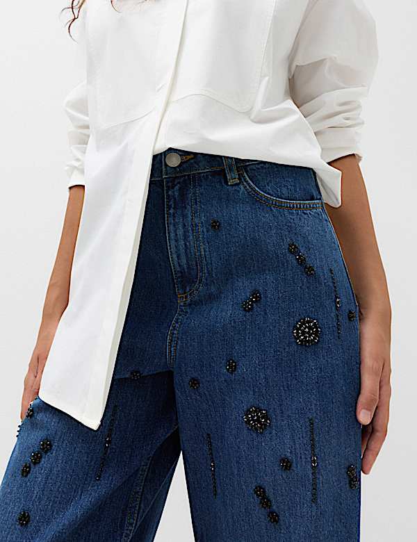 High Waisted Embellished Barrel Jeans - JE