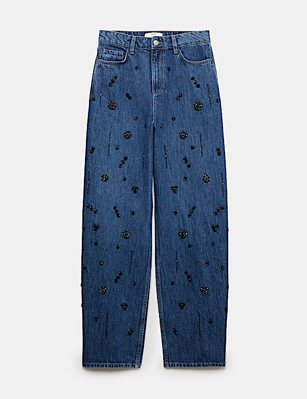 High Waisted Embellished Barrel Jeans - JE