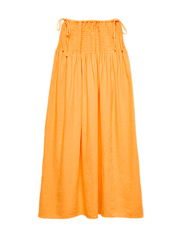 Linen Rich Shirred Tie Detail Maxi Skirt