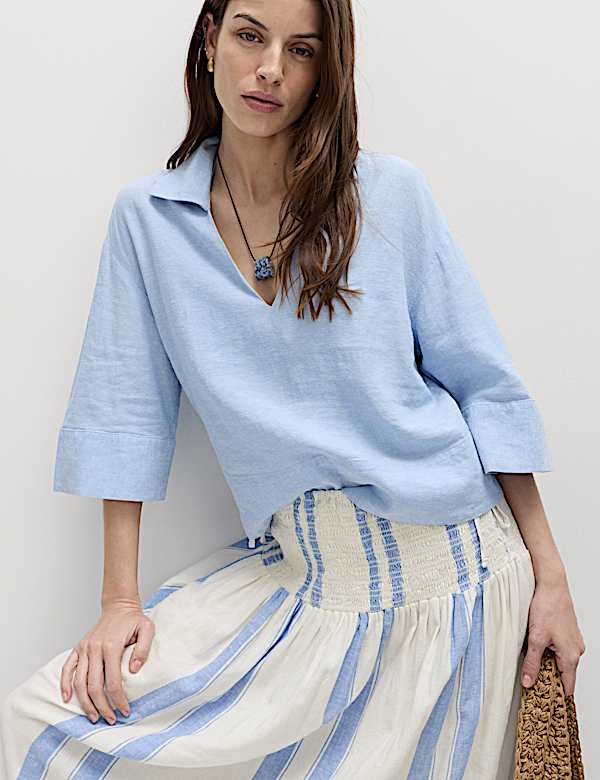 Linen Rich Shirred Tie Detail Maxi Skirt - US