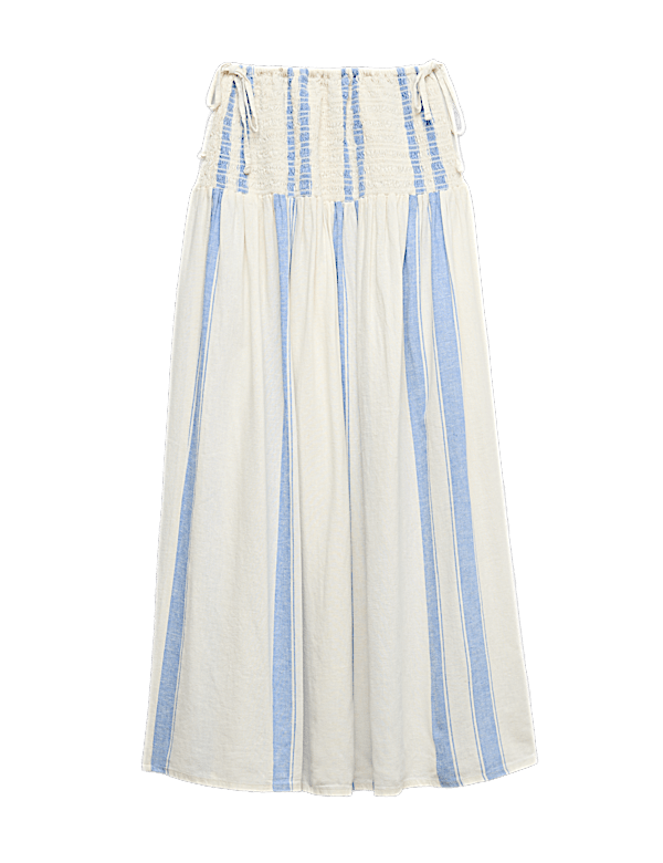 Linen Rich Shirred Tie Detail Maxi Skirt