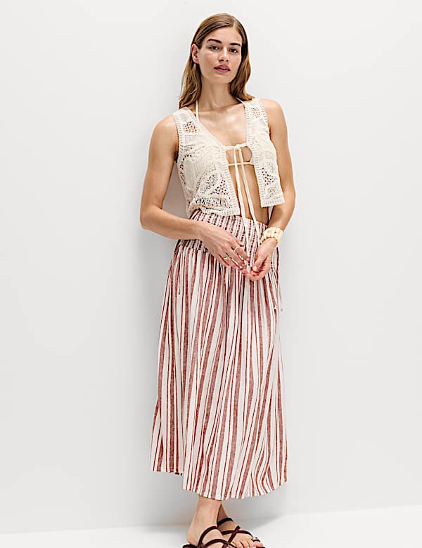 Linen Rich Shirred Tie Detail Maxi Skirt