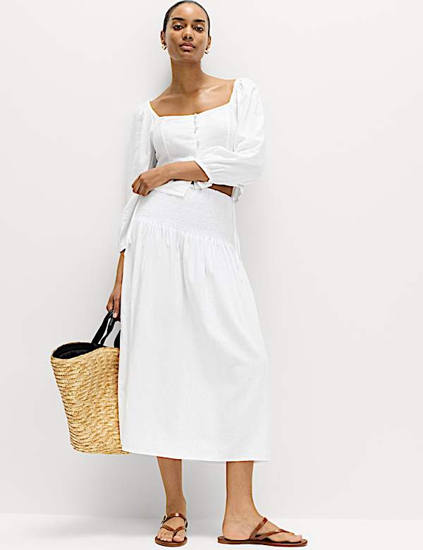 Linen Rich Shirred Tie Detail Maxi Skirt - VN