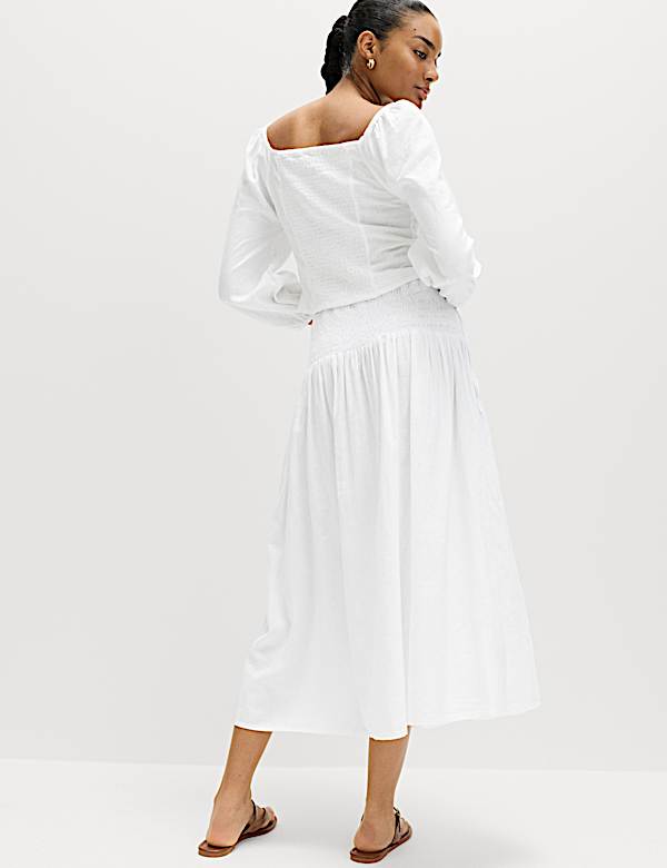 Linen Rich Shirred Tie Detail Maxi Skirt - VN