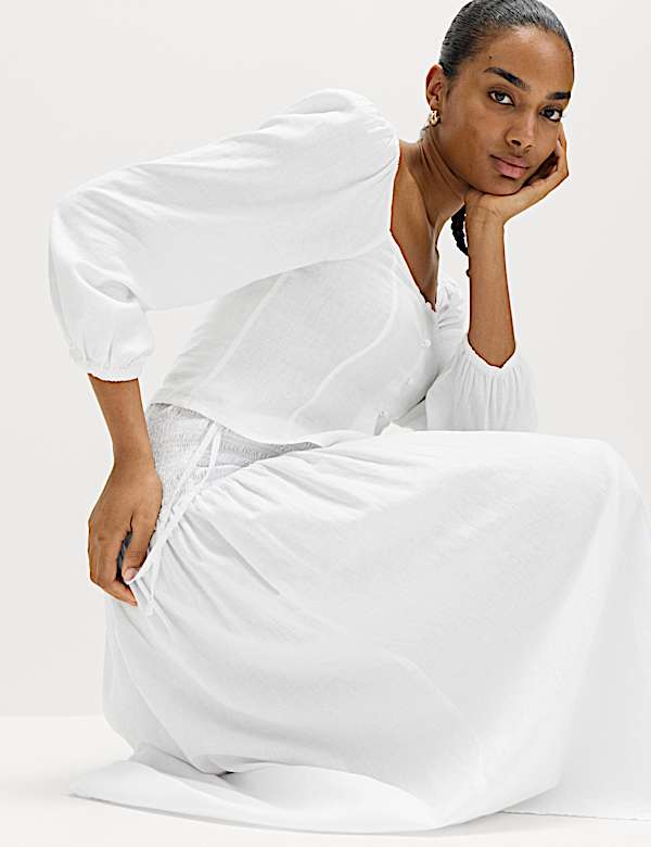 Linen Rich Shirred Tie Detail Maxi Skirt - VN