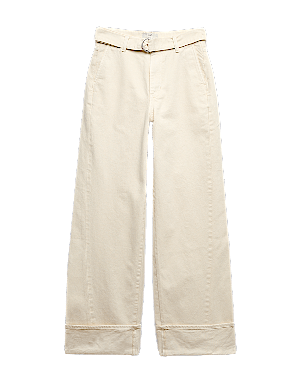 Pure Cotton Belted Wide Leg Turn Up Jeans
