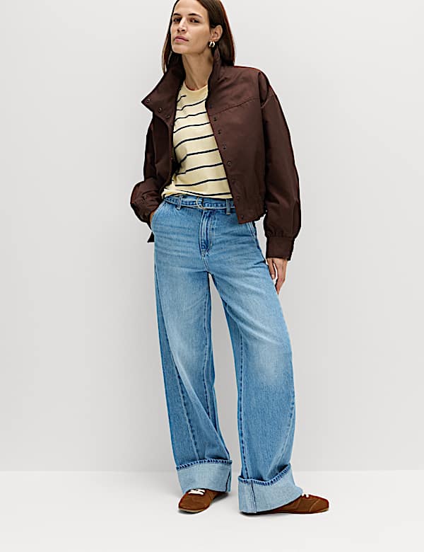 Pure Cotton Belted Wide Leg Turn Up Jeans