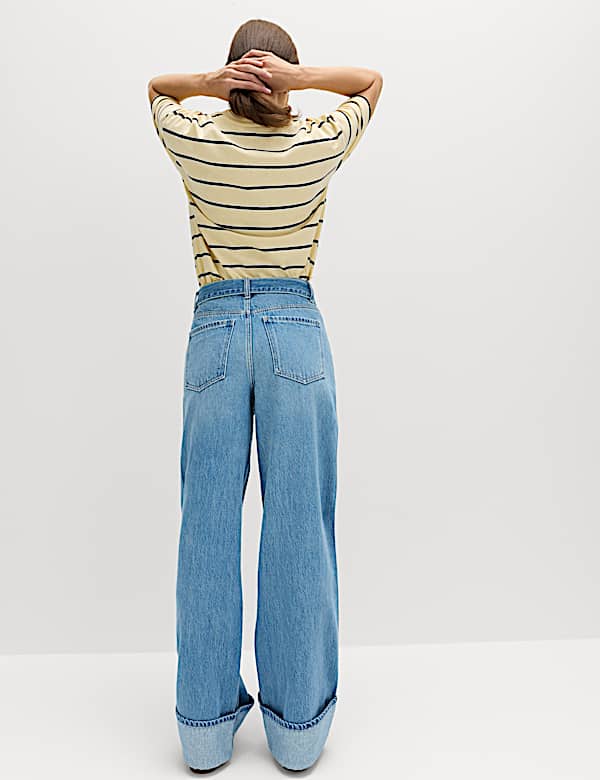 Pure Cotton Belted Wide Leg Turn Up Jeans