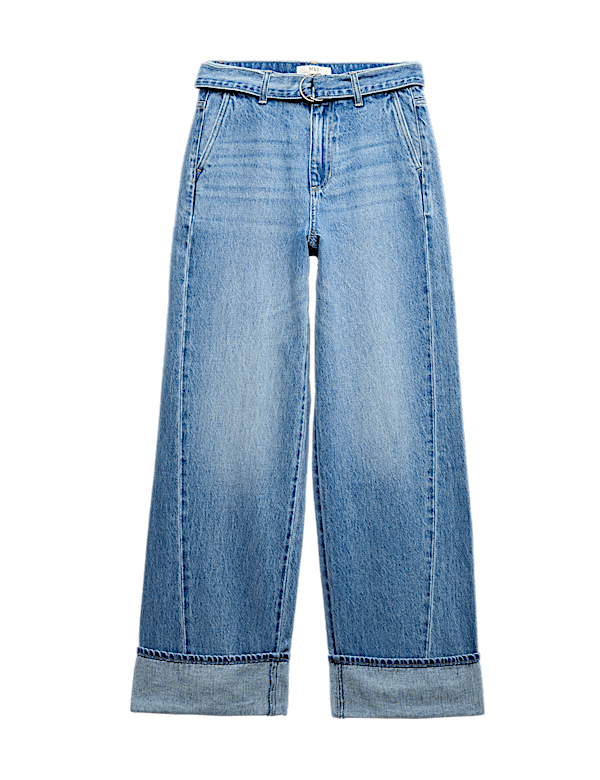 Pure Cotton Belted Wide Leg Turn Up Jeans