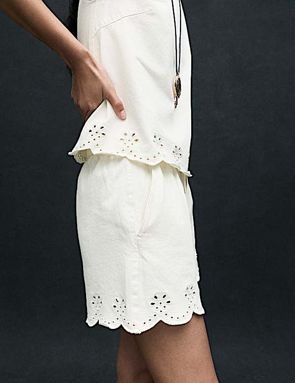 Denim Broderie Pull On High Waisted Shorts - DK