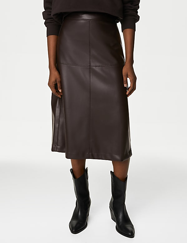 Leather Look Seam Detail Midi A-Line Skirt - FR