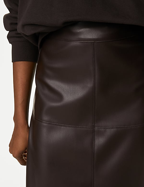 Leather Look Seam Detail Midi A-Line Skirt - FR