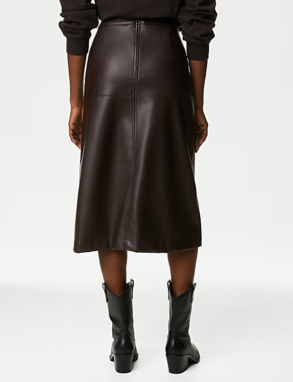 Leather Look Seam Detail Midi A-Line Skirt - FR