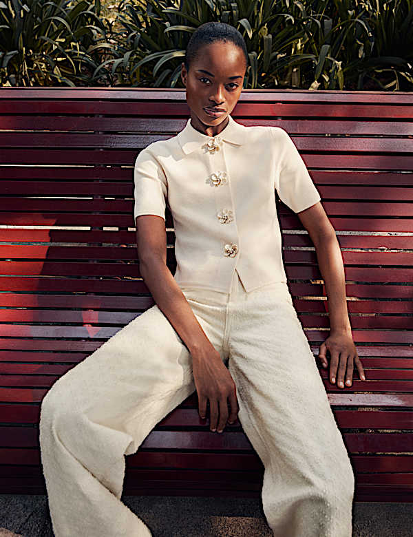 Pure Cotton Textured High Waisted Wide Leg Jeans