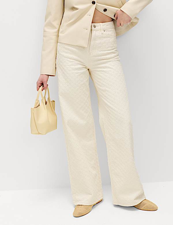 Pure Cotton Textured High Waisted Wide Leg Jeans