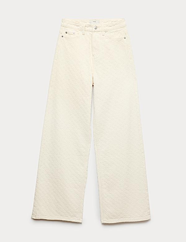 Jean taille haute coupe large 100 % coton textur&eacute; - LU