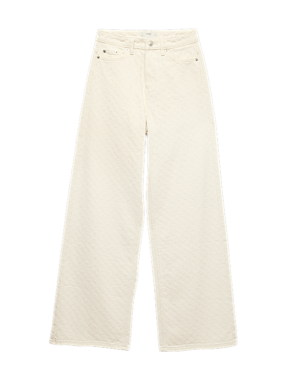 Pure Cotton Textured High Waisted Wide Leg Jeans