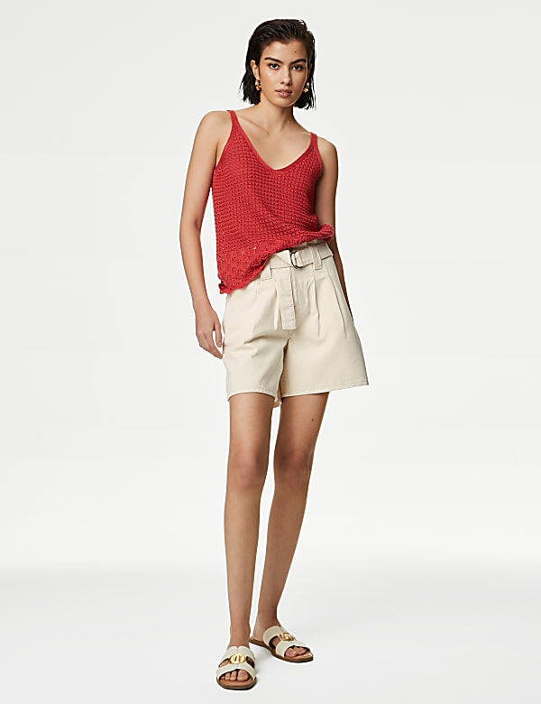 Denim Pleat Front Belted Shorts