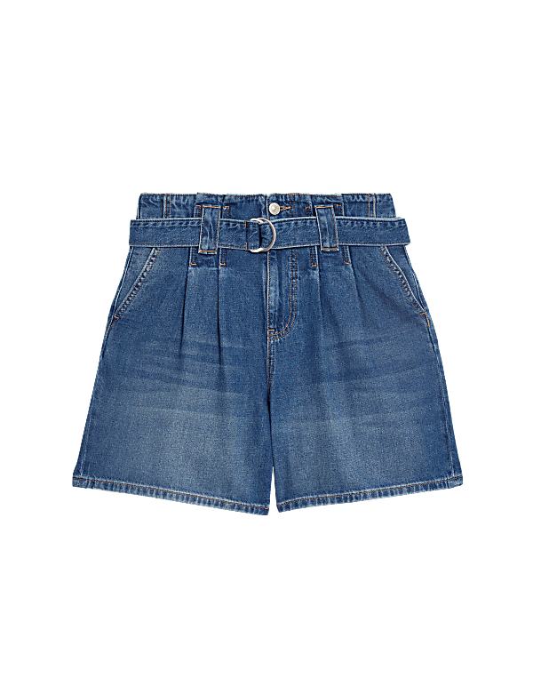 Denim Pleat Front Belted Shorts