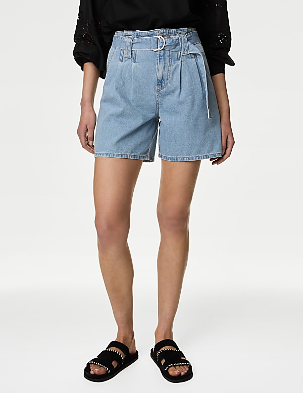Denim Pleat Front Belted Shorts