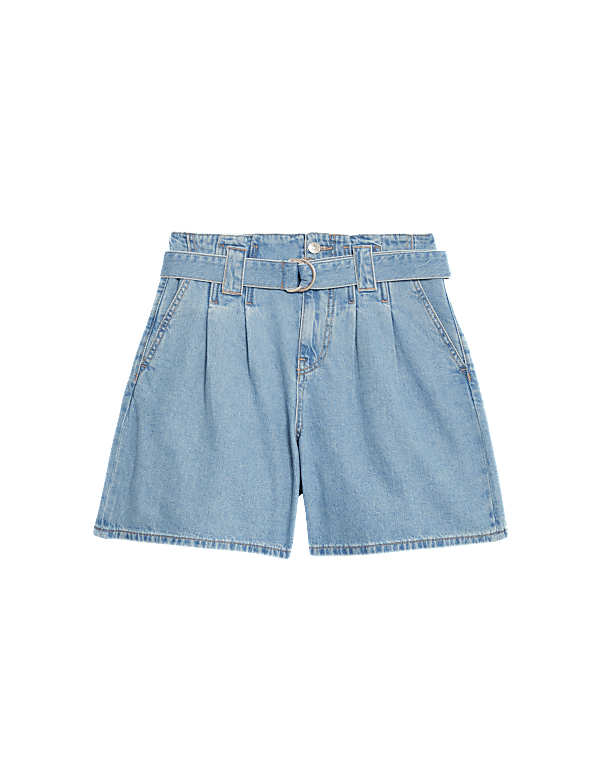 Denim Pleat Front Belted Shorts