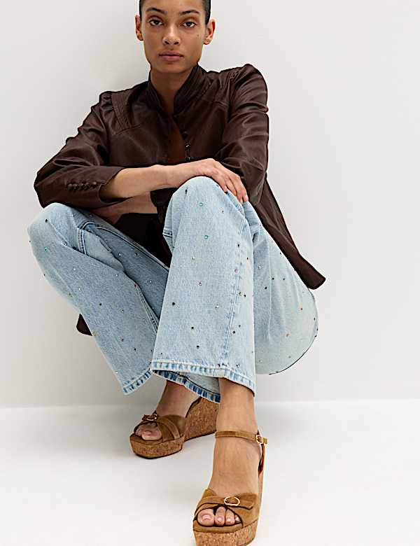 Relaxed High Waisted Gem Embellished Straight Leg Jeans - NL