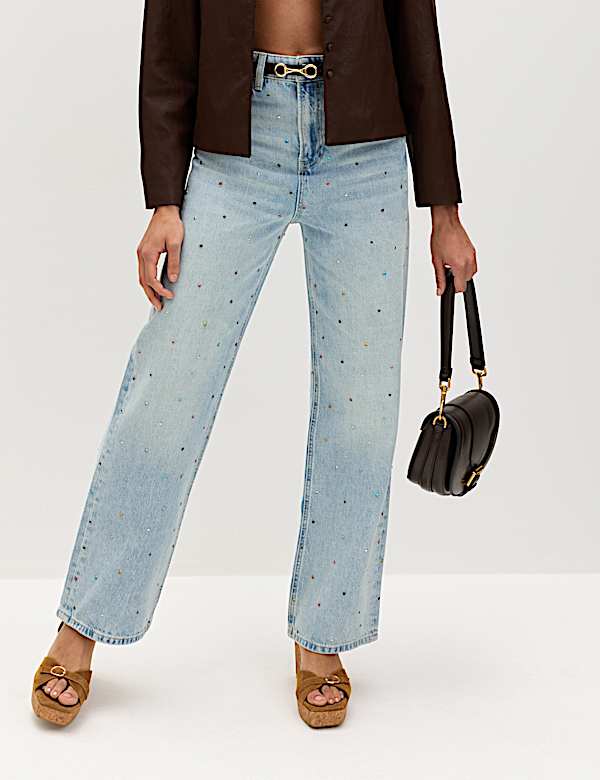 Relaxed High Waisted Gem Embellished Straight Leg Jeans