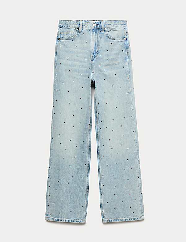 Relaxed High Waisted Gem Embellished Straight Leg Jeans - NL