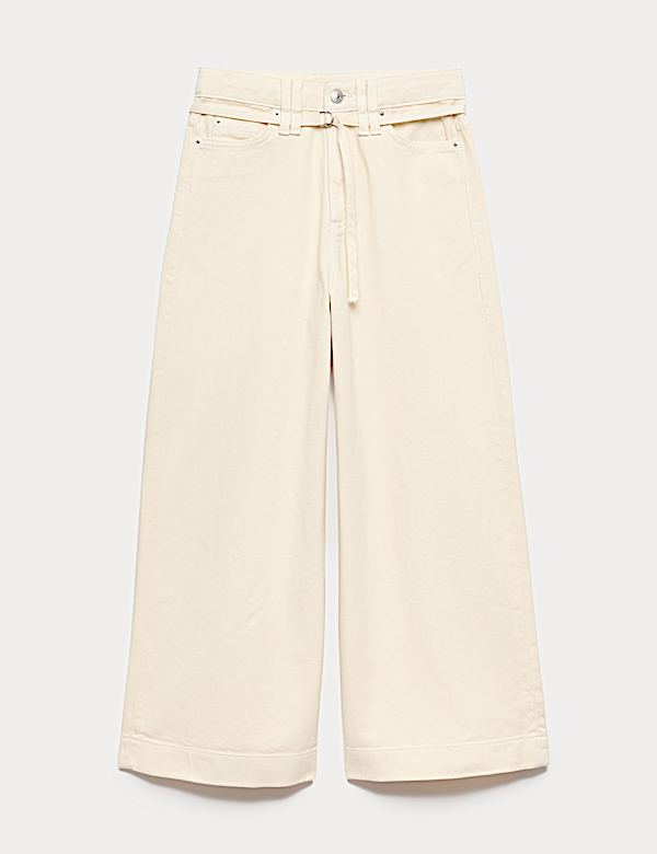 Denim High Waisted Belted Wide Leg Culottes - NL