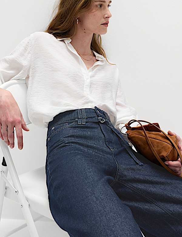 Jupe-culotte en jean coupe large taille haute &agrave; ceinture - FR