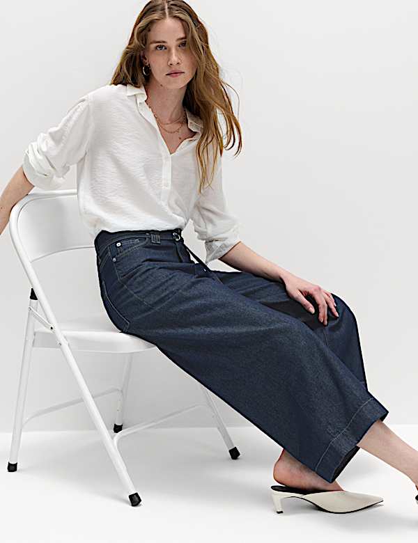 Jupe-culotte en jean coupe large taille haute &agrave; ceinture - FR