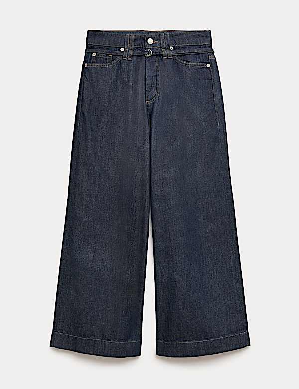 Jupe-culotte en jean coupe large taille haute &agrave; ceinture - FR