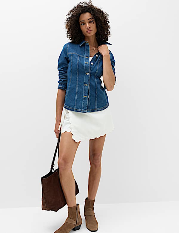 Denim mini-wikkelrok met schulprand - BE