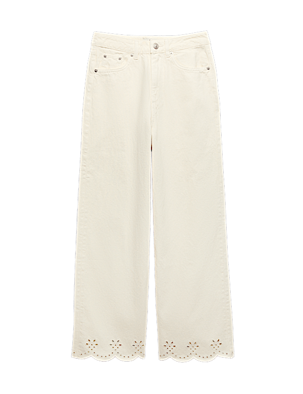 High Waisted Broderie Wide Leg Cropped Jeans